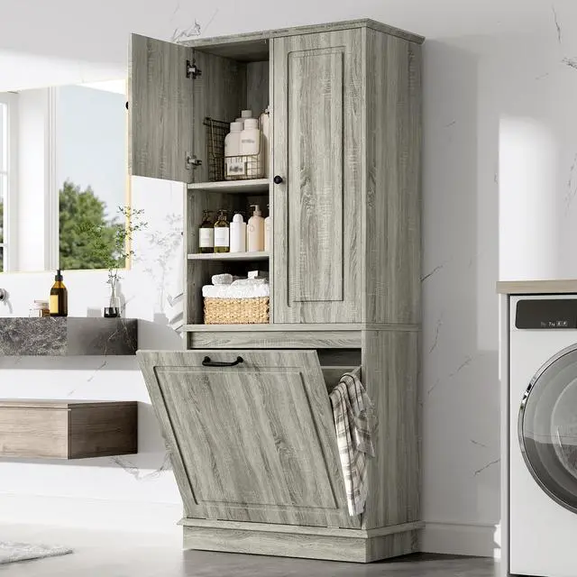 Alt view image 2 of 7 - Tall Storage Cabinet with Adjustable Shelves, Large Flip-Out Basket & Enclosed Cabinets Perfect for Bathroom, Living Room, or Office, MDF Material with Aluminum Alloy Handles