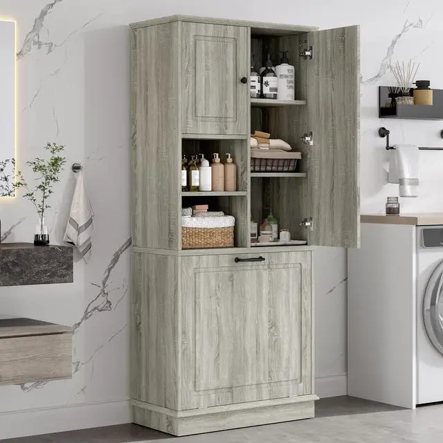 Alt view image 4 of 7 - Tall Storage Cabinet with Adjustable Shelves, Large Flip-Out Basket & Enclosed Cabinets Perfect for Bathroom, Living Room, or Office, MDF Material with Aluminum Alloy Handles