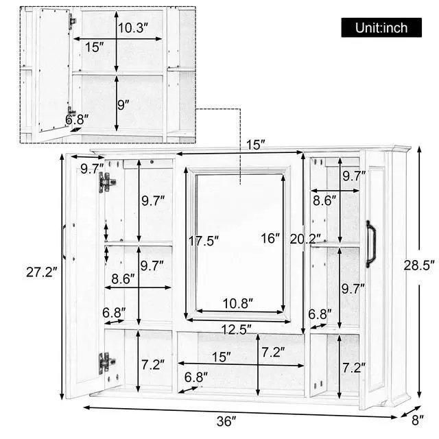 Alt view image 3 of 7 - 36'' Medicine Cabinet, Wall Mounted Bathroom Storage Cabinet, Modern Bathroom Wall Cabinet with Mirror, Mirror Cabinet with 3 Doors (Not Include Bathroom Vanity )