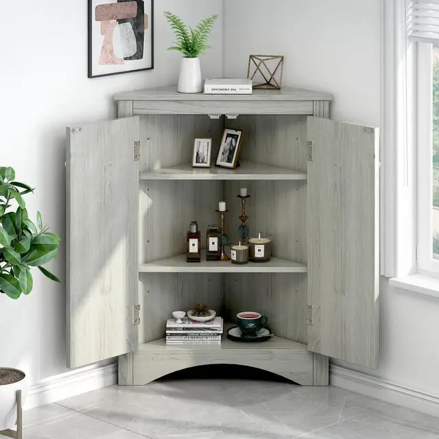 Alt view image 7 of 7 - Oak Triangle Bathroom Storage Cabinet with Adjustable Shelves, Freestanding Floor Cabinet for Home Kitchen(Old SKU:WF291467AAL)