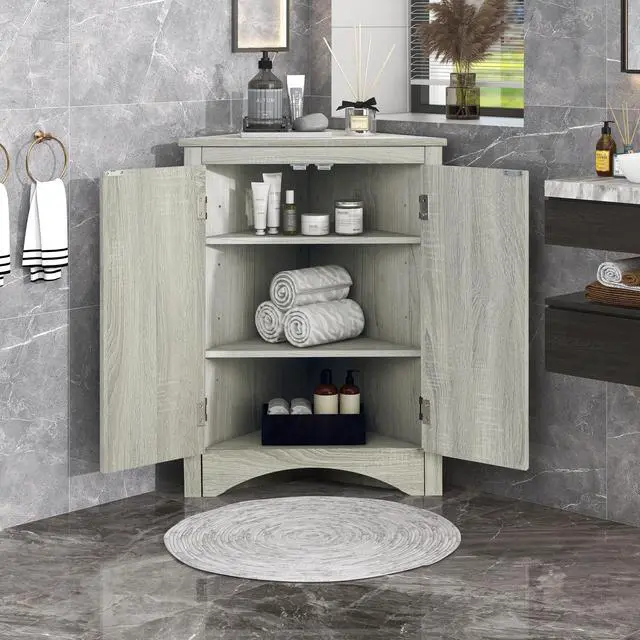 Alt view image 2 of 7 - Oak Triangle Bathroom Storage Cabinet with Adjustable Shelves, Freestanding Floor Cabinet for Home Kitchen(Old SKU:WF291467AAL)