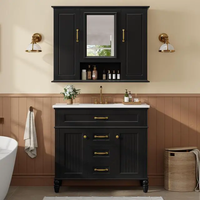 Alt view image 5 of 7 - 36'' Medicine Cabinet, Wall Mounted Bathroom Storage Cabinet, Modern Bathroom Wall Cabinet with Mirror, Mirror Cabinet with 3 Doors (Not Include Bathroom Vanity )