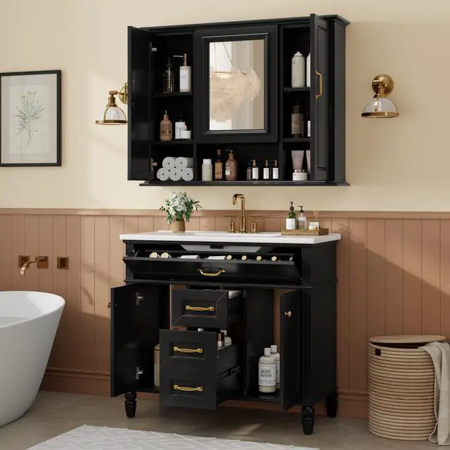 Alt view image 6 of 7 - 36'' Medicine Cabinet, Wall Mounted Bathroom Storage Cabinet, Modern Bathroom Wall Cabinet with Mirror, Mirror Cabinet with 3 Doors (Not Include Bathroom Vanity )