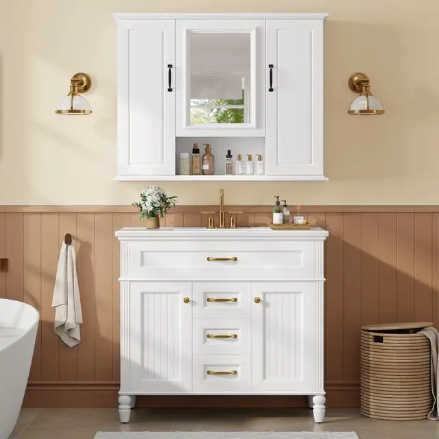 Alt view image 6 of 7 - 36'' Medicine Cabinet, Wall Mounted Bathroom Storage Cabinet, Modern Bathroom Wall Cabinet with Mirror, Mirror Cabinet with 3 Doors (Not Include Bathroom Vanity )