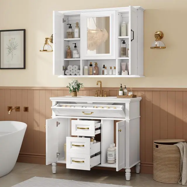 Alt view image 2 of 7 - 36'' Medicine Cabinet, Wall Mounted Bathroom Storage Cabinet, Modern Bathroom Wall Cabinet with Mirror, Mirror Cabinet with 3 Doors (Not Include Bathroom Vanity )