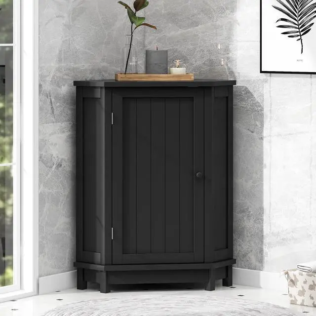Alt view image 4 of 7 - Black Bathroom Cabinet Triangle Corner Storage Cabinet with Adjustable Shelf Modern Style MDF Board
