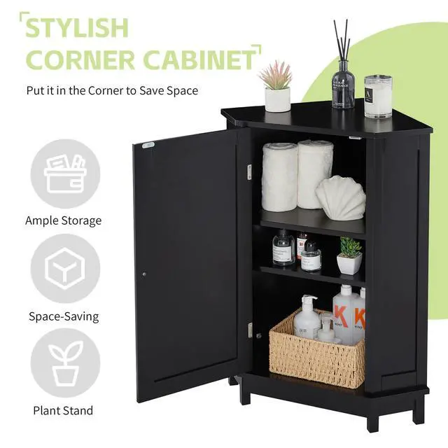 Alt view image 6 of 7 - Black Bathroom Cabinet Triangle Corner Storage Cabinet with Adjustable Shelf Modern Style MDF Board