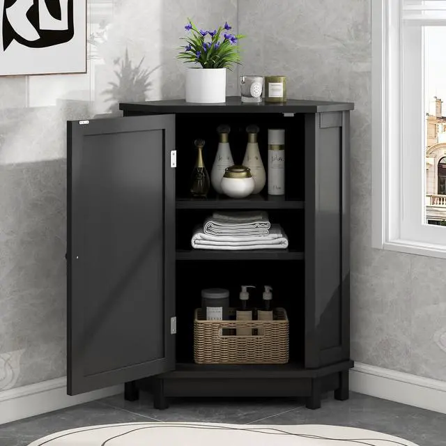 Alt view image 2 of 7 - Black Bathroom Cabinet Triangle Corner Storage Cabinet with Adjustable Shelf Modern Style MDF Board