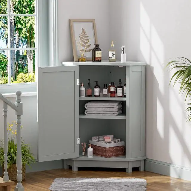 Alt view image 2 of 7 - Grey Bathroom Cabinet Triangle Corner Storage Cabinet with Adjustable Shelf Modern Style MDF Board(Old SKU:N725P172615E)