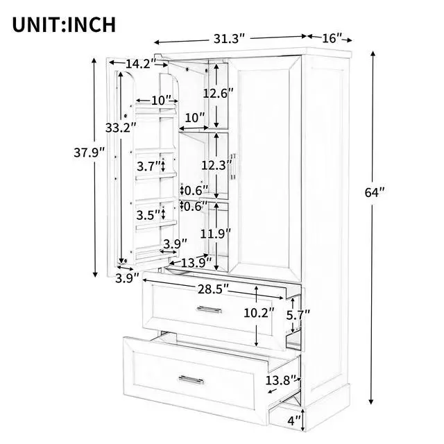 Alt view image 3 of 7 - Tall Bathroom Storage Cabinet, Cabinet with Two Doors and Drawers, Adjustable Shelf, MDF Board, White, Two Packages(Old SKU:N725P178675K)