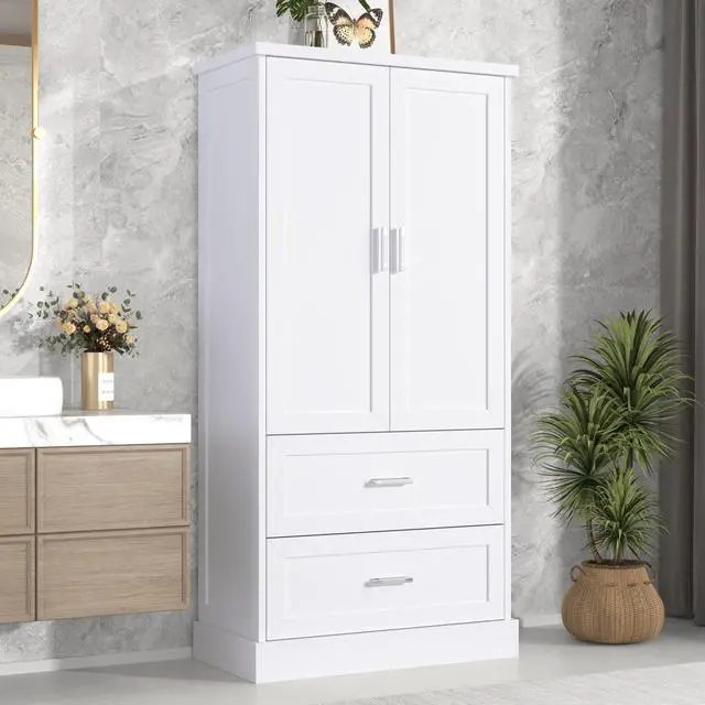 Alt view image 5 of 7 - Tall Bathroom Storage Cabinet, Cabinet with Two Doors and Drawers, Adjustable Shelf, MDF Board, White, Two Packages(Old SKU:N725P178675K)