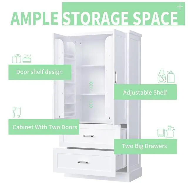 Alt view image 6 of 7 - Tall Bathroom Storage Cabinet, Cabinet with Two Doors and Drawers, Adjustable Shelf, MDF Board, White, Two Packages(Old SKU:N725P178675K)