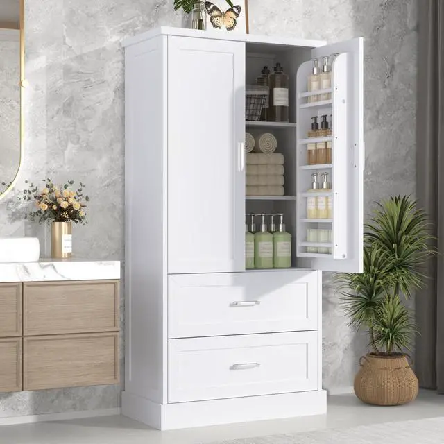 Alt view image 4 of 7 - Tall Bathroom Storage Cabinet, Cabinet with Two Doors and Drawers, Adjustable Shelf, MDF Board, White, Two Packages(Old SKU:N725P178675K)
