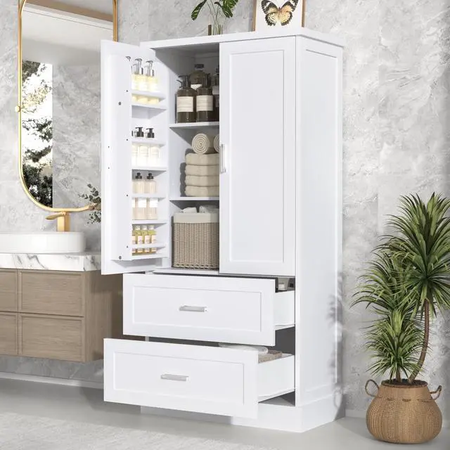 Alt view image 2 of 7 - Tall Bathroom Storage Cabinet, Cabinet with Two Doors and Drawers, Adjustable Shelf, MDF Board, White, Two Packages(Old SKU:N725P178675K)