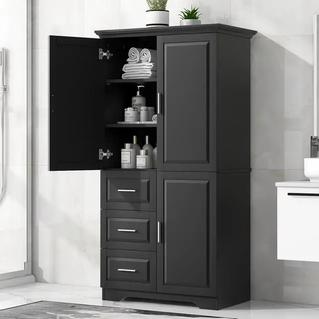Alt view image 2 of 7 - Tall and Wide Storage Cabinet with Doors for Bathroom/Office, Three Drawers, Black(Old SKU:WF299285AAB)