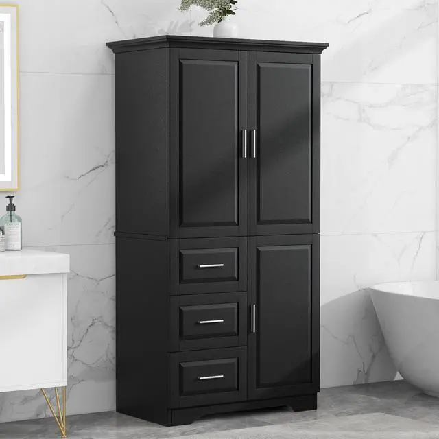 Alt view image 5 of 7 - Tall and Wide Storage Cabinet with Doors for Bathroom/Office, Three Drawers, Black(Old SKU:WF299285AAB)