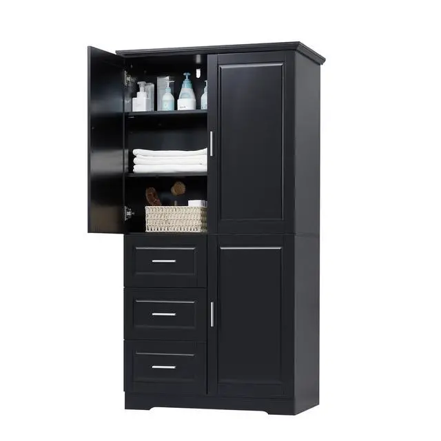 Alt view image 6 of 7 - Tall and Wide Storage Cabinet with Doors for Bathroom/Office, Three Drawers, Black(Old SKU:WF299285AAB)