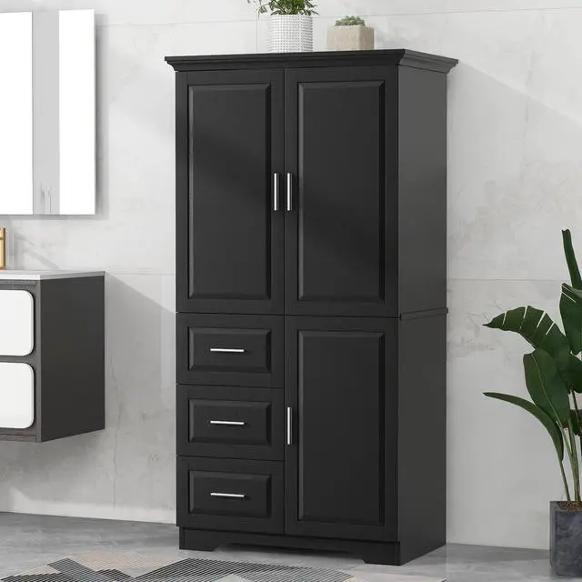 Alt view image 4 of 7 - Tall and Wide Storage Cabinet with Doors for Bathroom/Office, Three Drawers, Black(Old SKU:WF299285AAB)