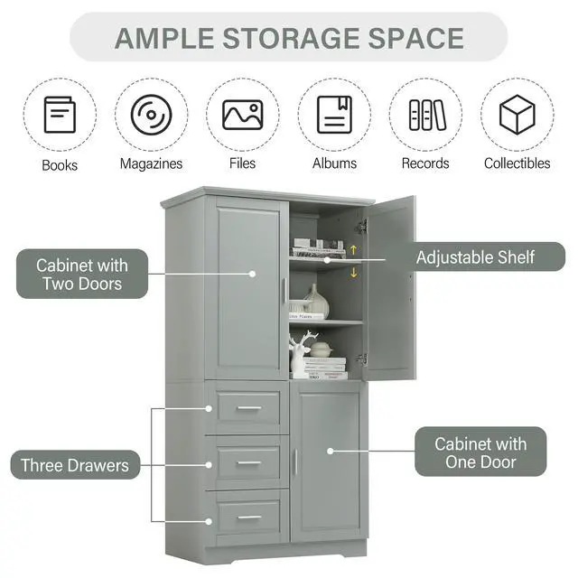 Alt view image 7 of 7 - Tall and Wide Storage Cabinet with Doors for Bathroom/Office, Three Drawers, Grey(Old SKU:WF299285AAG/N725P331357E)