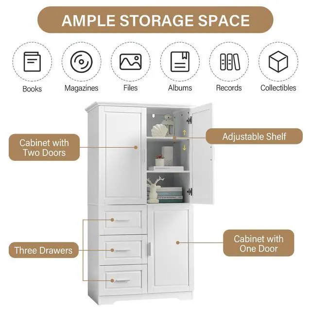 Alt view image 7 of 7 - Tall and Wide Storage Cabinet with Doors for Bathroom/Office, Three Drawers, White(Old SKU: N725P331357K/WF299285AAK)