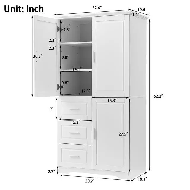 Alt view image 3 of 7 - Tall and Wide Storage Cabinet with Doors for Bathroom/Office, Three Drawers, White(Old SKU: N725P331357K/WF299285AAK)