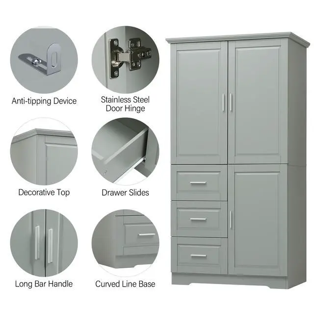 Alt view image 6 of 7 - Tall and Wide Storage Cabinet with Doors for Bathroom/Office, Three Drawers, Grey(Old SKU:WF299285AAG/N725P331357E)
