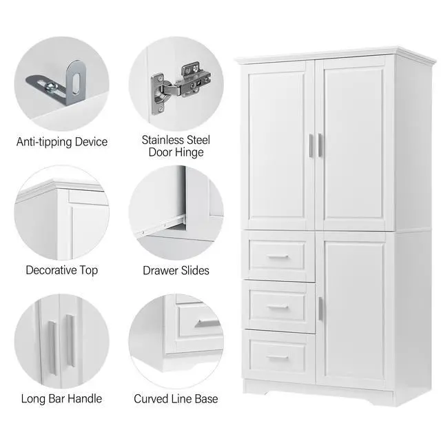 Alt view image 6 of 7 - Tall and Wide Storage Cabinet with Doors for Bathroom/Office, Three Drawers, White(Old SKU: N725P331357K/WF299285AAK)
