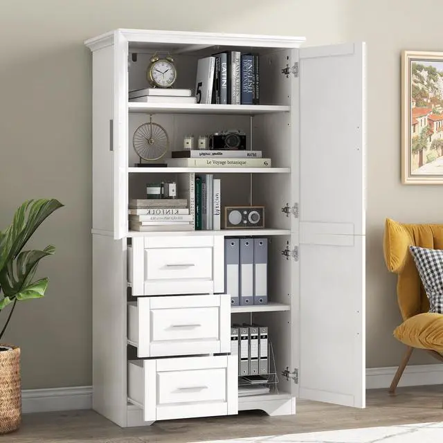 Alt view image 2 of 7 - Tall and Wide Storage Cabinet with Doors for Bathroom/Office, Three Drawers, White(Old SKU: N725P331357K/WF299285AAK)