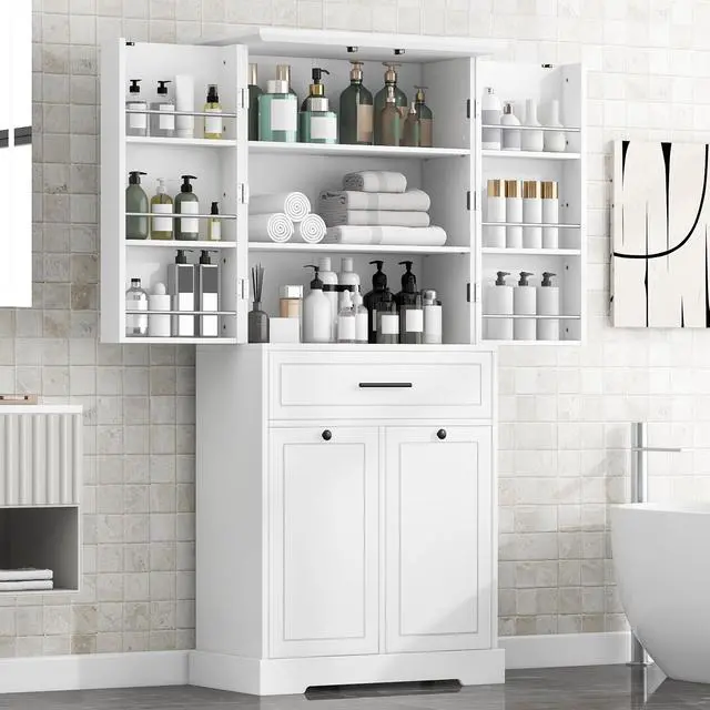 Alt view image 4 of 7 - Freestanding Bathroom Storage Cabinet with Doors & Drawers, Tilt-Out Laundry Hamper, Adjustable Shelf, Multiple Storage Spaces, Two packages, White(Old SKU:
N725P262025K/N725P352454K)