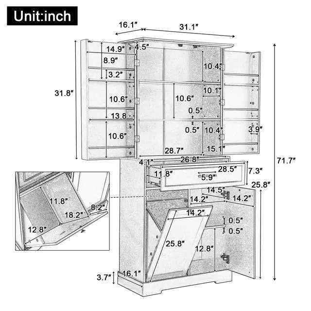 Alt view image 3 of 7 - Freestanding Bathroom Storage Cabinet with Doors & Drawers, Tilt-Out Laundry Hamper, Adjustable Shelf, Multiple Storage Spaces, Two packages, White(Old SKU:
N725P262025K/N725P352454K)