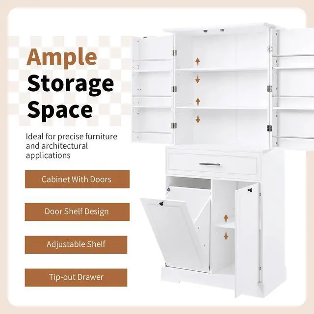 Alt view image 6 of 7 - Freestanding Bathroom Storage Cabinet with Doors & Drawers, Tilt-Out Laundry Hamper, Adjustable Shelf, Multiple Storage Spaces, Two packages, White(Old SKU:
N725P262025K/N725P352454K)