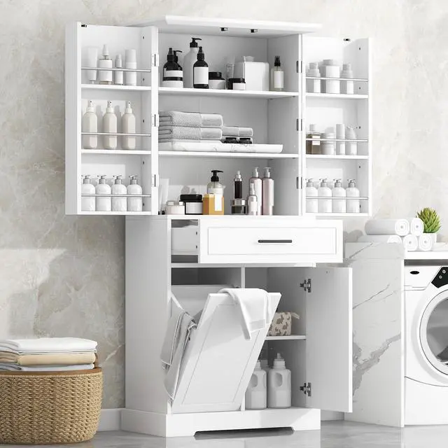 Alt view image 2 of 7 - Freestanding Bathroom Storage Cabinet with Doors & Drawers, Tilt-Out Laundry Hamper, Adjustable Shelf, Multiple Storage Spaces, Two packages, White(Old SKU:
N725P262025K/N725P352454K)