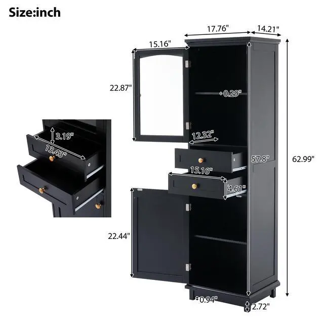 Alt view image 3 of 7 - 63" Tall Bathroom Storage Cabinet with Glass Doors, Free-Standing, Two Drawers, and Adjustable Shelves, MDF Board, Painted Black - Perfect for Displaying Your Favorite Items