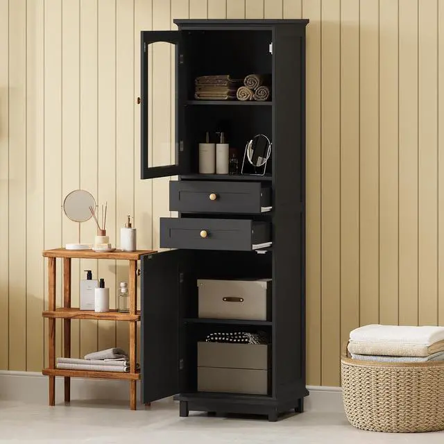 Alt view image 2 of 7 - 63" Tall Bathroom Storage Cabinet with Glass Doors, Free-Standing, Two Drawers, and Adjustable Shelves, MDF Board, Painted Black - Perfect for Displaying Your Favorite Items