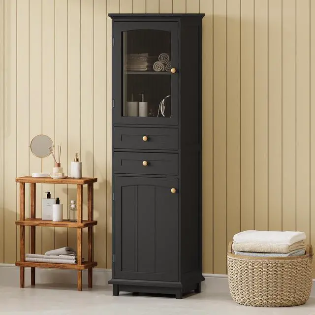 Alt view image 4 of 7 - 63" Tall Bathroom Storage Cabinet with Glass Doors, Free-Standing, Two Drawers, and Adjustable Shelves, MDF Board, Painted Black - Perfect for Displaying Your Favorite Items