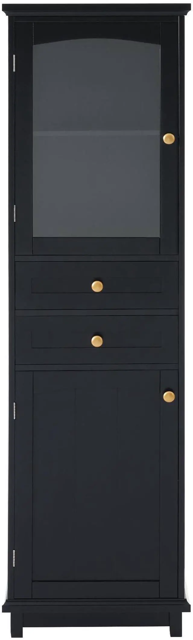Main image of 63" Tall Bathroom Storage Cabinet with Glass Doors, Free-Standing, Two Drawers, and Adjustable Shelves, MDF Board, Painted Black - Perfect for Displaying Your Favorite Items