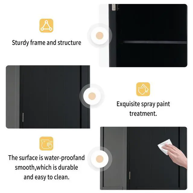 Alt view image 7 of 7 - 63" Tall Bathroom Storage Cabinet with Glass Doors, Free-Standing, Two Drawers, and Adjustable Shelves, MDF Board, Painted Black - Perfect for Displaying Your Favorite Items