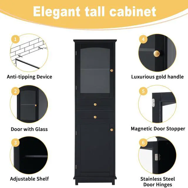 Alt view image 6 of 7 - 63" Tall Bathroom Storage Cabinet with Glass Doors, Free-Standing, Two Drawers, and Adjustable Shelves, MDF Board, Painted Black - Perfect for Displaying Your Favorite Items
