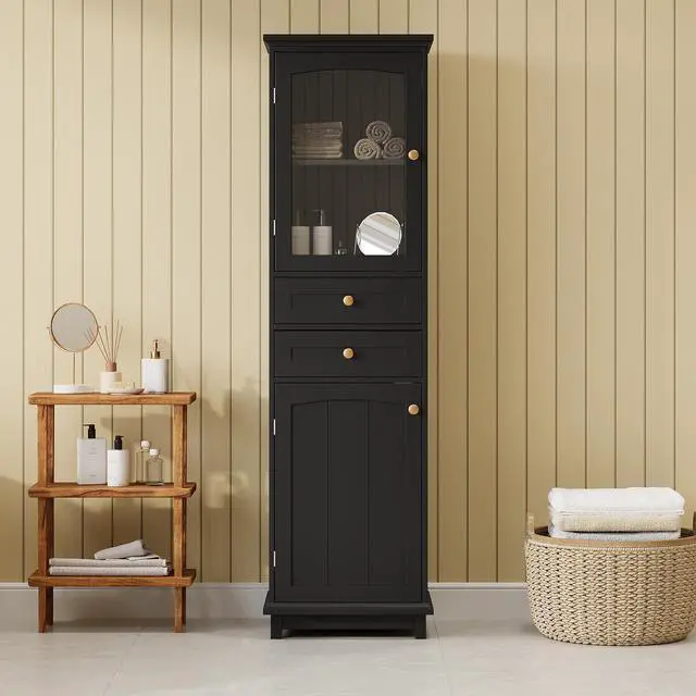 Alt view image 5 of 7 - 63" Tall Bathroom Storage Cabinet with Glass Doors, Free-Standing, Two Drawers, and Adjustable Shelves, MDF Board, Painted Black - Perfect for Displaying Your Favorite Items