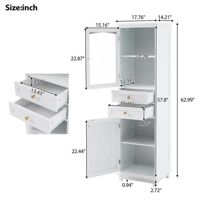 Alt view image 3 of 7 - 63" Tall Bathroom Storage Cabinet with Glass Doors, Free-Standing, Two Drawers, and Adjustable Shelves, MDF Board, Painted white - Perfect for Displaying Your Favorite Items