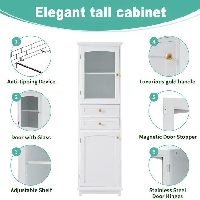Alt view image 6 of 7 - 63" Tall Bathroom Storage Cabinet with Glass Doors, Free-Standing, Two Drawers, and Adjustable Shelves, MDF Board, Painted white - Perfect for Displaying Your Favorite Items