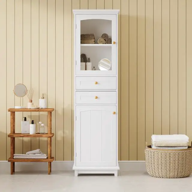 Alt view image 4 of 7 - 63" Tall Bathroom Storage Cabinet with Glass Doors, Free-Standing, Two Drawers, and Adjustable Shelves, MDF Board, Painted white - Perfect for Displaying Your Favorite Items