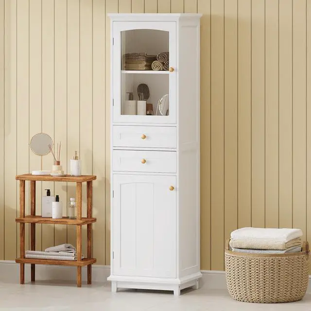 Alt view image 5 of 7 - 63" Tall Bathroom Storage Cabinet with Glass Doors, Free-Standing, Two Drawers, and Adjustable Shelves, MDF Board, Painted white - Perfect for Displaying Your Favorite Items