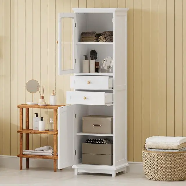 Alt view image 2 of 7 - 63" Tall Bathroom Storage Cabinet with Glass Doors, Free-Standing, Two Drawers, and Adjustable Shelves, MDF Board, Painted white - Perfect for Displaying Your Favorite Items
