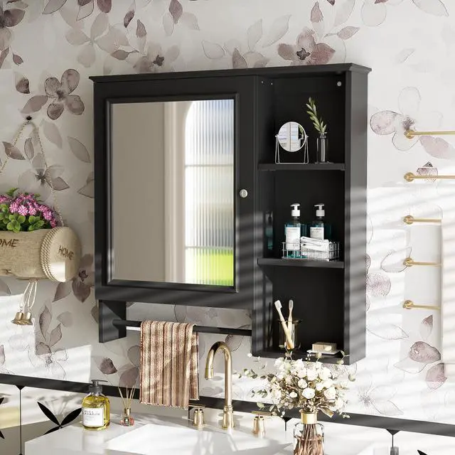 Alt view image 4 of 7 - Wall Mounted Bathroom Storage Cabinet, Medicine Cabinets with large mirror door, adjustable shelves and three open storage levels(Not Include Bathroom Vanity )