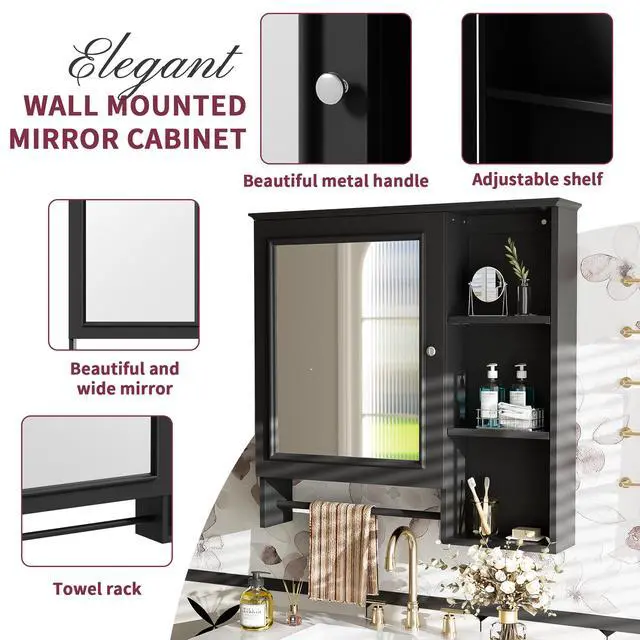 Alt view image 6 of 7 - Wall Mounted Bathroom Storage Cabinet, Medicine Cabinets with large mirror door, adjustable shelves and three open storage levels(Not Include Bathroom Vanity )