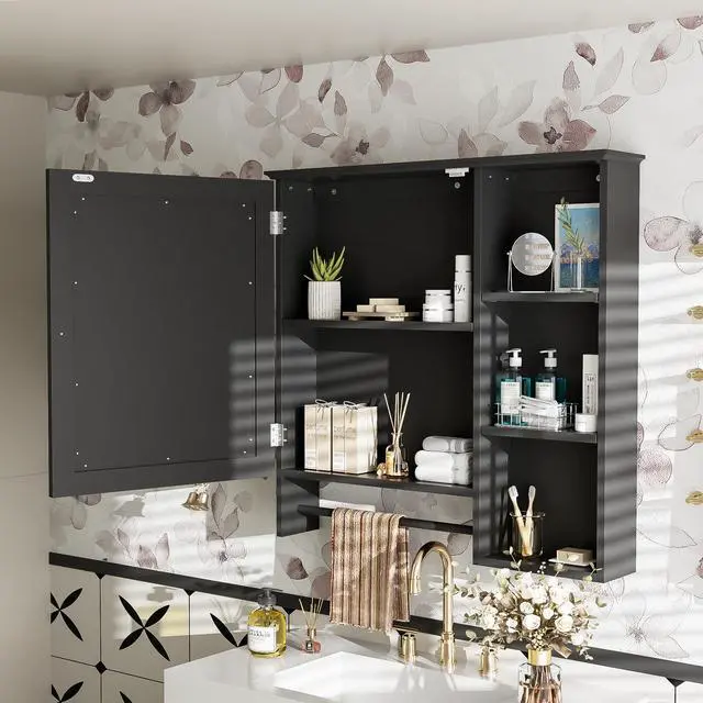 Alt view image 5 of 7 - Wall Mounted Bathroom Storage Cabinet, Medicine Cabinets with large mirror door, adjustable shelves and three open storage levels(Not Include Bathroom Vanity )
