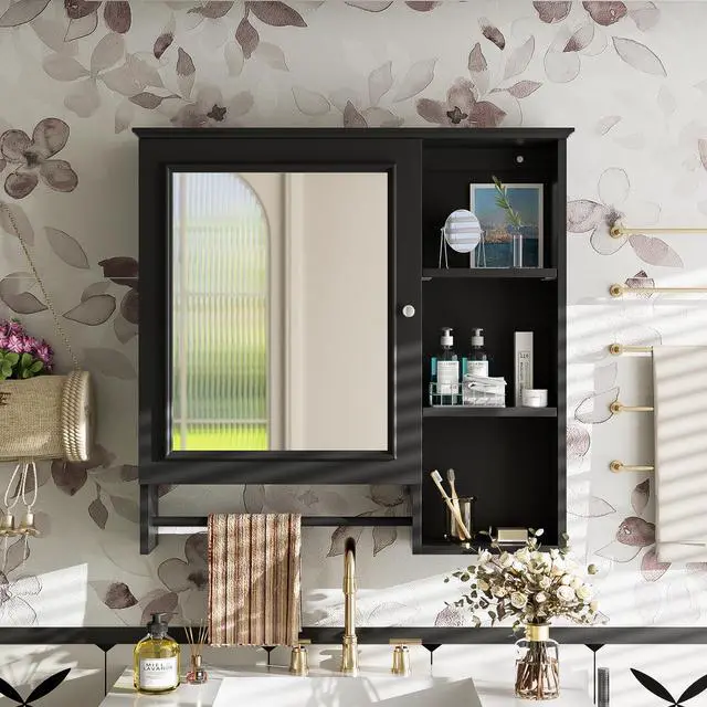 Alt view image 2 of 7 - Wall Mounted Bathroom Storage Cabinet, Medicine Cabinets with large mirror door, adjustable shelves and three open storage levels(Not Include Bathroom Vanity )