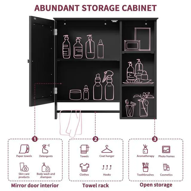 Alt view image 7 of 7 - Wall Mounted Bathroom Storage Cabinet, Medicine Cabinets with large mirror door, adjustable shelves and three open storage levels(Not Include Bathroom Vanity )