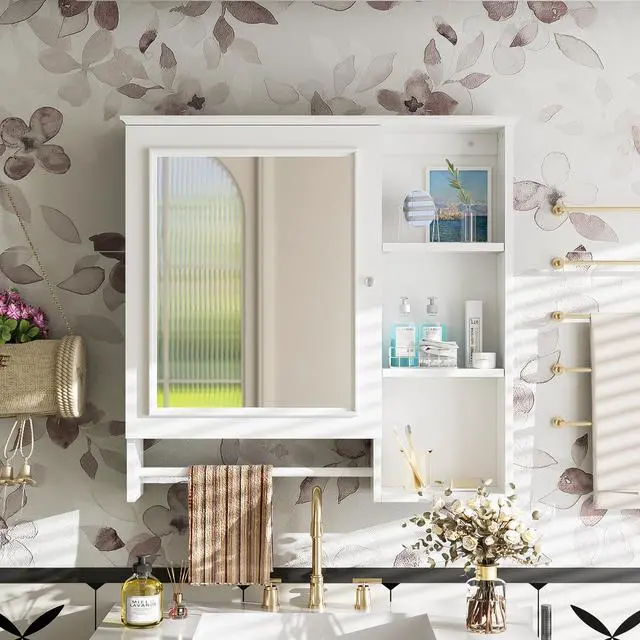 Alt view image 2 of 7 - Wall Mounted Bathroom Storage Cabinet, Medicine Cabinets with large mirror door, adjustable shelves and three open storage levels(Not Include Bathroom Vanity )